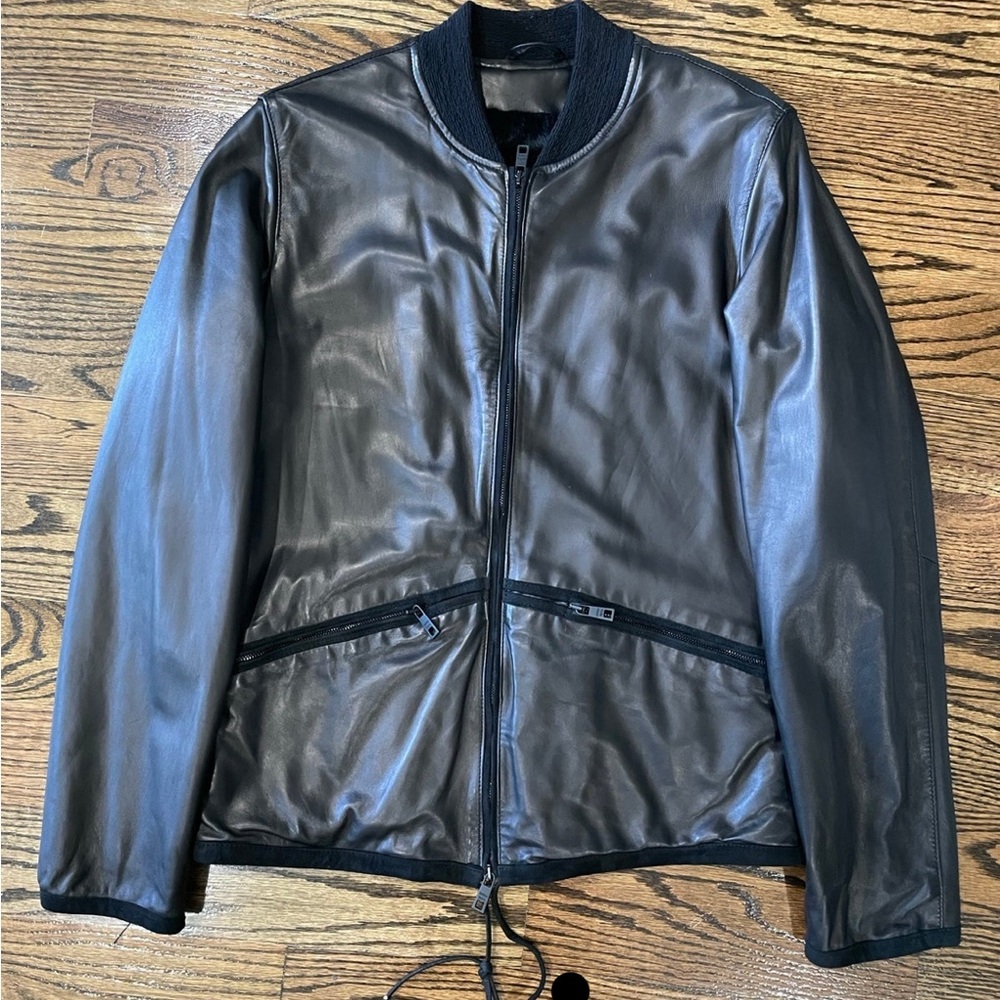Giorgio Brato Black fur leather Jacket with Stand-up Collar